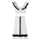 Women's Contrast Color V-Neck Ruffle Top And Skirt Women White Ruffle Trim Crop Top Skirt Casual Summer Outfit Pure Desire 0U19