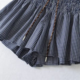 Korean Women's Casual Shorts With Elastic Waist And Drawstring Pleated Plaid A-line Wide-leg Hot Pants For Trendy Girls EHL7