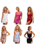 Women Sparkle Sequined Tank Dress Sleeveless U Neck Slim Fit Sexy Slit Mini Dress for Club Party Evening Summer