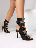 Fashion Buckle Women's Sandals Summer Shoes 2025 Sexy Cut-outs High Heels Black Peep Toe Footwear Party Office Dance Shoes Girls