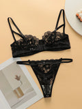 2-piece women's lingerie set with sexy ultra-thin lace and steel rims, push up bra with low waist seamless thong YS2451