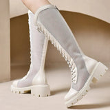 Fashion Breathable Mesh Boots for Woman Summer Solid Zipper Mid-Calf for Women Round Toe Lace Up High Heels Shoes Ladies