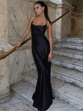 FDYOUI Women's Bandage Long Maxi Satin Dress Black 2026 Sexy Spaghetti Strap Slash Neck Backless Lace-up Party Evening Dresses