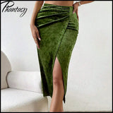Elegant Split Velvet Skirt Commute Green A-line Mid-Calf Skirt for Lady Women's Autumn Winter Outfit Night Out Streetwear