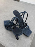 New Sexy Black Thin Buckle Straps Wedges Sandals Women Elegant Denim Blue Unique Curved Wedge High Heel Summer Party Heels Shoes