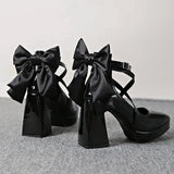 Punk Pointed Toe Thick Heels Mary Jane Shoes Women Bowknot Decor Cross Strap Platform Pumps Woman Patent Leather Party Shoes