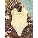 S - XL Striped Plaid V Neck Women Swimwear One Piece Swimsuit Female Frilled High Leg Cut Padded Bather Bathing Suit Swim V8288