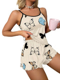 Women Butterfly Print Pajama Set Sexy Summer Sleepwear Soft Cami Top and Shorts Lounge Wear Comfortable Polyester Home Nightwear