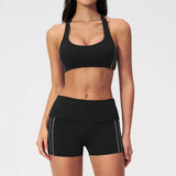 Tight Color Contrast Yoga Suit 2 Pieces Women V Neck Sports Bra Pleate High Waist Shorts Gym Running Fitness Suits Tracksuit