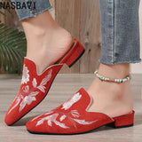 NASBAVI Fashion 3d Embroidery Mules Women Fur Slippers Velvet Shoes Ladies Low Heel Flower Decoration Sandals Women's Flip Flops