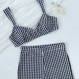 Plaid V Neck Shorts Female Swimsuit High Waist Bikini Women Swimwear Two-Pieces Bikini Set Padded Bather Bathing Suit Swim V8272