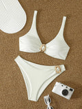 Sexy White Bikini Set 2026 Women Metal Buckle Pleate Push Up Bra Thong Swimwear Summer Bathing Suit Holiday Swimsuit Biquini