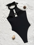 sexy front cross hollow swimsuit one piece solid halter tie bikinis thong swimwear bodysuits women biquini bathing suits 7 color
