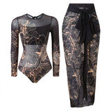S - XXL Printed Long Sleeve With Sarong One Piece Swimsuit Women Swimwear Female Flowers Padded Bather Bathing Suit Swim K7181