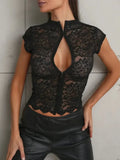 Ahagaga Summer Chic Lace Patchwork Tops Tees Sexy Sleeveless High Neck Hollow Out Slim Regular Elegant Club T-Shirt for Ladies