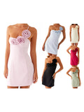 Women's Summer 3D Flower Mini Dress One Shoulder Spaghetti Strap Solid Color Slim Fit Dresses Party Clubwear