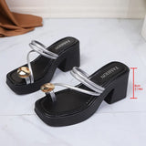 Metal Decor Clip Toe High Heeled Sandals Women Summer Slip On Thick Heel Sandles Woman Plus Size 42 Chunky Platform Slippers