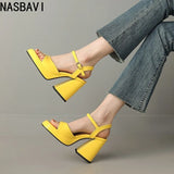 NASBAVI Women Patent Leather Sandals Super Chunky High Heeled Ankle Buckle Shoes Platform Summer Thick Heel Sandal Ladies 35-43