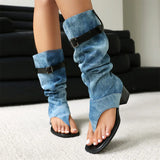 2025 Brand Plus Size 48 Trendy Denim Blue Gladiator Sandals Women Chic Black Chunky Heels  Fashion Comfy Walk Summer Boot Shoes