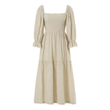 Women Spring Fall Long Dress Long Sleeve Dress Square Neck Embroidery Flower Loose Swing Dress Wit Pocket