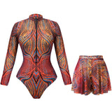 Slimming Mesh Swimsuit One Piece with Long Sleeves Sexy Bathing Suit Featuring Skirt ＆ Long Pants Bodysuit for Smart Beach Wear