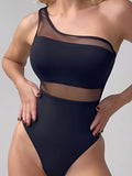 2026 Mesh Swimsuit One Piece Shoulder Sexy Solid Swimwear Women Black Bathers Bathing Swimming Swim Suit Beachwear Summer XXL