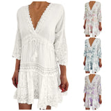 Dresses For Formal Occasions Womens Fashion V Neck Lace Jacquard Seven Quarter Sleeve Bohemian Floral Dress Sexy Beach Sundress