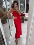 Sweetheart Neck Red Satin Long Dress for Women Spaghetti Strap Straight Elegant Party Vestidos Zip Beach New in Summer Dress