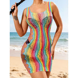 Rainbow Fishnet Women Sexy Beach Cover Up Dress Stretch See Through Sleeveless Swimsuit Cover up Mini Beachwear without Bikini