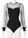 Women Pearl Mesh Puff Sleeve Bodysuit 2024 Fashion Long Sleeve Vintage Body Top Summer Fall Elegant Sexy Blouse Shirts Female