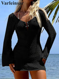 V Neck Long Sleeve Hollow Out Crochet Knitted Tunic Beach Cover Up Cover-ups Beach Dress Beach Wear Beachwear Female Women V7643