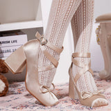 2025 Summer Cute Satin Pink Lolita Block Heels Mary Janes Shoes Women Sweet Buckle Cross-Strap Ballet Pumps Wedding High Heeled