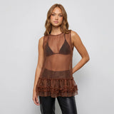 Women Solid Color Sheer Tank Tops Summer Layered Ruffle Sleeveless Basic Vest Aesthetic Clothes for Streetwear