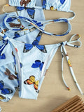 Long Sleeve Printed Halter Bikini Female Swimsuit Women Swimwear Four-pieces Bikini Set with Mesh Skirt Bathing Suit Beach Wear