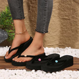 Women's Flower Decor Med Heel Flip Flops Simple Style Black Wedge Clip Toe Slides Woman Summer Outdoor Med Heel Slippers Mujer
