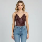 Women's Summer Halter Camis Tops Fashionable Dot Print Sleeveless Deep V Neck Open Back Vest for Party Nightclubs