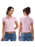 Women Plaid Shirts Button Down Puff Short Sleeve Lapel Neck Tops Fashion Slim Fit Ruffle Trim Blouses Summer