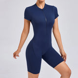 Padded Backless Yoga Cycling jumpsuit  Women Zipper GYM Sportswear Fitness One Piece Sports Suit V Back Workout Playsuit