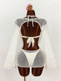 Long Sleeve Mesh Sheer Cover Up Halter Bikini Female Swimsuit Women Swimwear Three-piece Bikini Set Bathing Suit Swim Beachwear