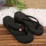 Women's Flower Decor Med Heel Flip Flops Simple Style Black Wedge Clip Toe Slides Woman Summer Outdoor Med Heel Slippers Mujer