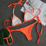 4 Colors Sexy Bikini Women Solid Luxe Rhinestone Bandage Halter Swimwear Swimsuit Female Bikinis Set Bathing Suit Beach Thong