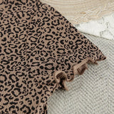 Women Leopard Print Pleated Pajama Set Ruffle Short Sleeve Crop Top Elastic High Waist Shorts Soft Casual Loungewear Sleepwear