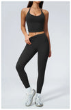Women Tracksuit 2PCS Seamless Yoga Sets Hanging V Neck Slim Sports Tank Top Fitness Outfits Gym Running High Waist Leggings Suit