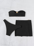 With Skirt Wrinkled Bandeau Bikini Female Swimsuit Women Swimwear Three-pieces Bikini Set Metal Ring Bathing Suit Swim Beachwear