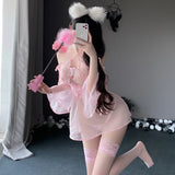 Chinese Ancient Style Cute Floral See Through Halter Dress Pink Kimono Backless Sexy Lingrie Women Outfit Costume