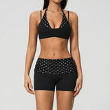 Breathable Striped Patchwork Yoga Clothing Women Fake Two-piece Sports Bra Folding High Waist Shorts Gym Running Fitness Suit