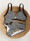Sexy Black Striped Two Piece Bikini Set Women Metal U Neck Push Up Bra Belt High Waist Swimsuit Beach Bathing Suit Swimwear 2026