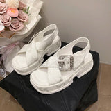 Fashion Crystal Buckle Platform Sandals Women Pink Embroidery Thick Heels Sandalias Mujer Comfortable Heightened Rome Sandals