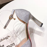 ZOKI Bling Gold Silver Women's Pumps 2024 Sexy Point Toe Thin Heel Party Wedding Shoes Woman Summer Ankle Strap High Heels Shoes
