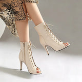 Plus Size Women Peep Toe Cutout Lace Up Ankle Boots with Side Zipper Stiletto High Heels Summer Hollow Out Short Booties